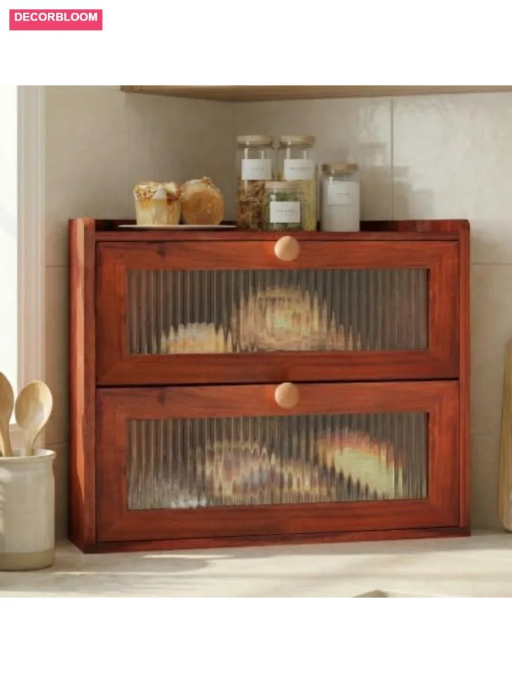 Wooden Corner Bread Box 2-Tier Pine with Magnetic Latch